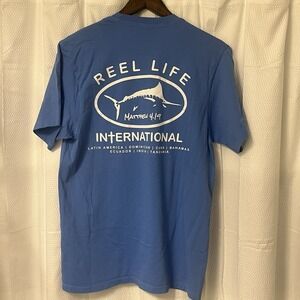 Reel Life International Tee M Blue Beach Cuba Dominican Bahamas Latin EXCELLENT